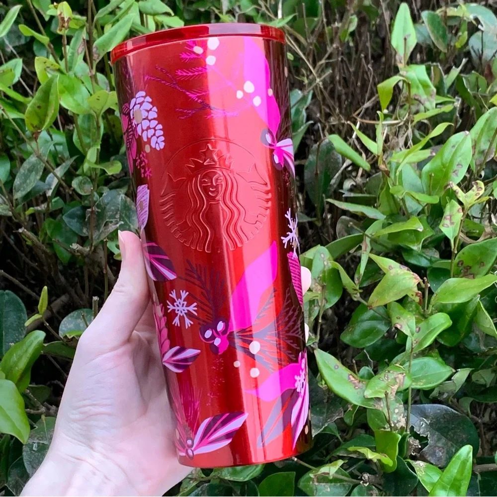 2021 Holiday Edition Metal Starbucks Cup Red/Pink Foliage Pine Cones NO STRAW
